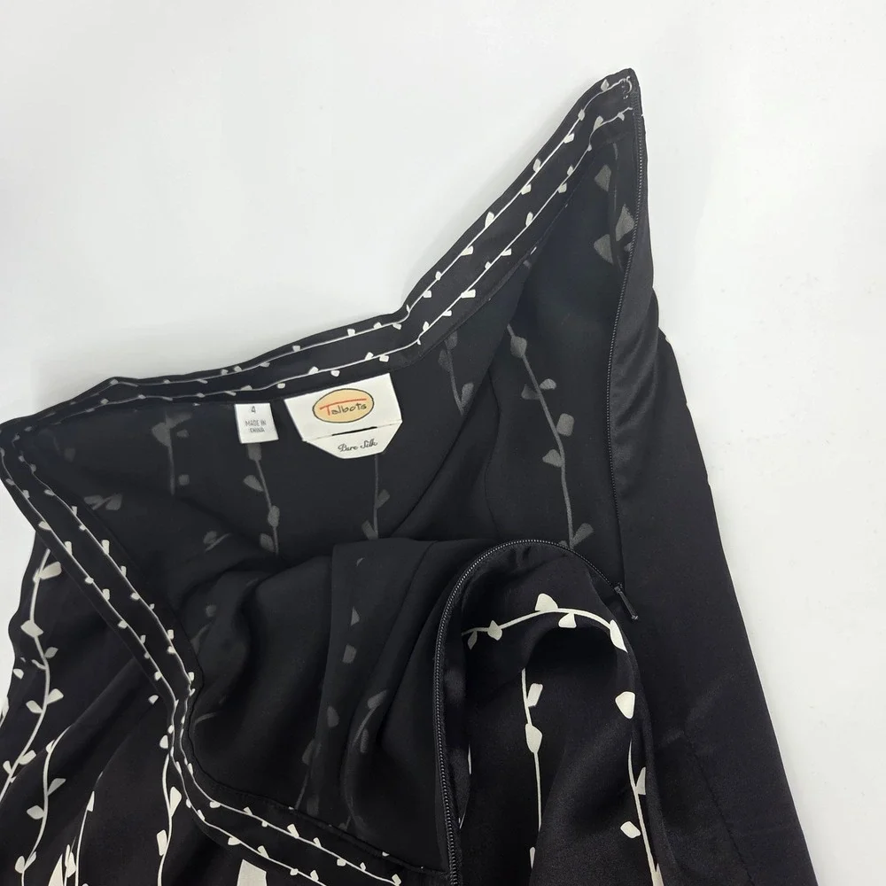 Talbots Silk Midi Skirt 4 Black Floral Art-Inspired Boho Cottagecore Vintage - Picture 4 of 8